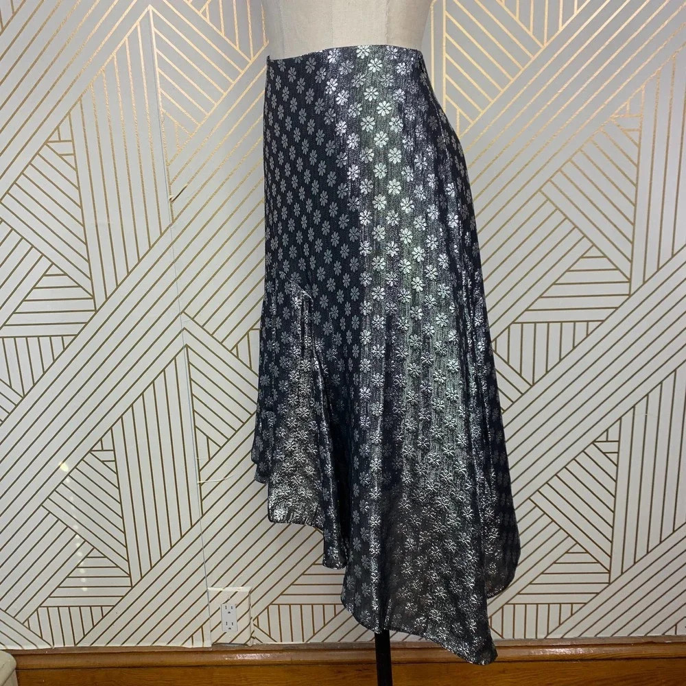 Dodo Bar Or Kathy Lurex Metallic Floral Tiered‎ A-Line Skirt Silver Size US 4/6 - Picture 6 of 12